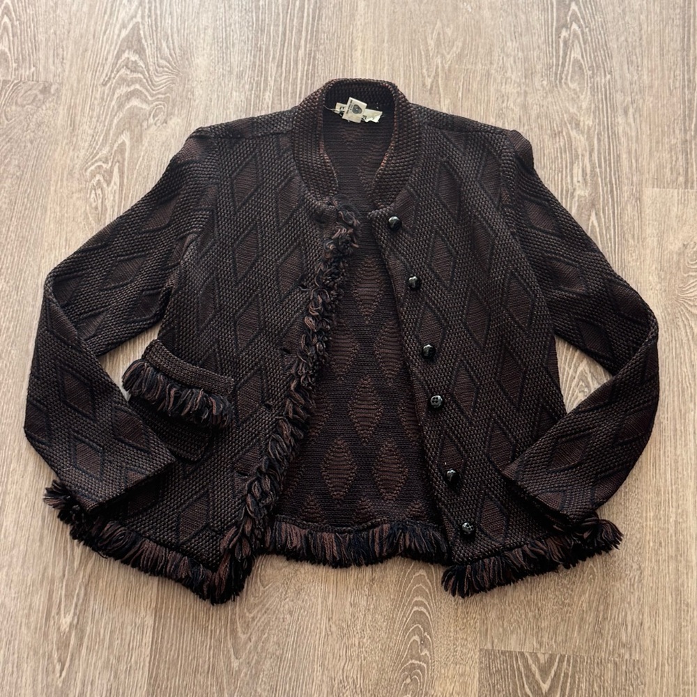 Vintage Goldworm Retro Frill Brown Virgin Merino Wool Cardigan Sweater Sz 12
